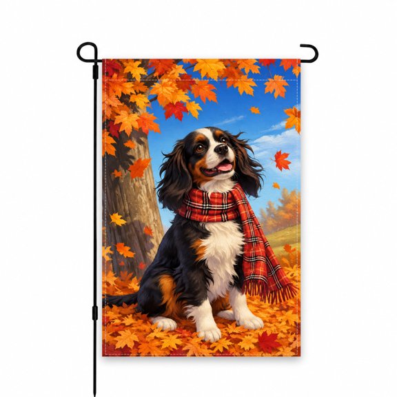Autumn Dog Garden Flag with Fall Leaves, Cavalier King Charles Spaniel Design, 12 x 18 Inch, Outdoor Decor for Yard, Lawn, Patio, or Porch
