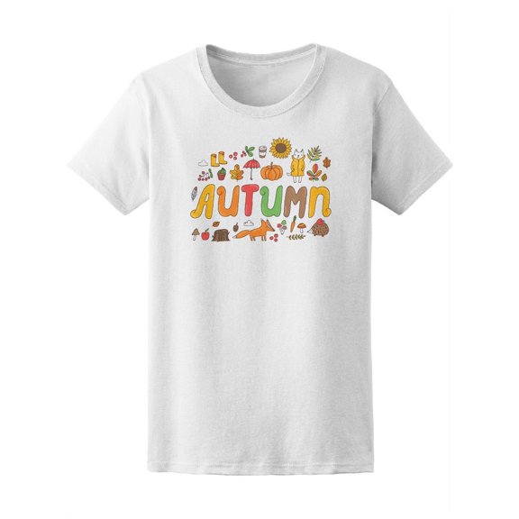 Autumn Doodle Elements Cat Fox T-Shirt Women -Image by Shutterstock, Female x-Large