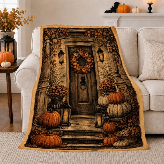Autumn Doorway With Stacked Pumpkins, Rustic Sepia Architectural Illustration, Thanksgiving Gift for Autumn Art Enthusiasts, Cozy Flannel Blanket and Home Decor for Living Room and Bedroom