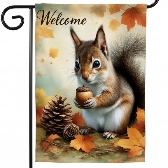 Autumn Double-Sided Flags 28x40 Inch A squirrel holding an acorn in its paws next to a pine cone Outdoor Decorative Flags