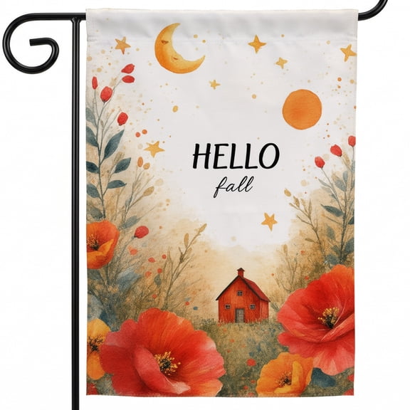Autumn Double-Sided House Flags 28 x 40 in A watercolor painting of a red house surrounded by flowers Outdoor Fall Porch Decorations