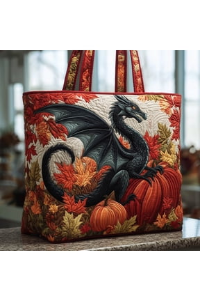 Autumn Dragon Quilted Tote Bag, Fantasy Inspired Shoulder Bag for Dragon Lovers
