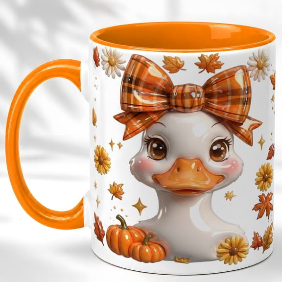 Autumn Duck Coffee Mug, Plaid Bow Mug, Ceramic 11 oz