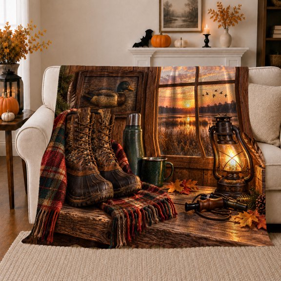 Autumn Duck Hunting Cabin Lodge Still Life Nostalgic, Peaceful Mountain Lake Scene, Warm Flannel Blanket for Cabin and Lodge, Outdoor Lovers Thanksgiving Gift, Rustic Home Decor