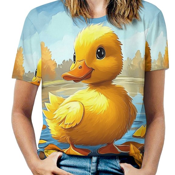 Autumn Duckling Leaves Womens Tops Women's Fashion Casual Short Sleeve Flower Print Round Neck Pullover Top Blouse