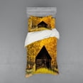 thumbnail image 1 of Autumn Duvet Cover Set, Abandoned Wooden Farmhouse in Fall with Aspen Trees Rural Pastoral Nature Scene, Bedding Set with Shams and Fitted Sheet, 3 Sizes, by Ambesonne, 1 of 3