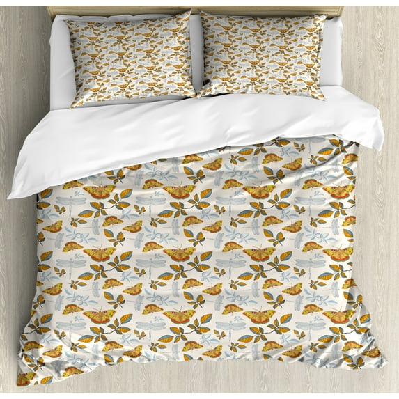 Autumn Duvet Cover Set, Butterfly Leaves Dragon Fly Flora Insects Romantic Season Illustration, Decorative 3 Piece Bedding Set with 2 Pillow Shams, Queen Size, Eggshell and Marigold, by Ambesonne