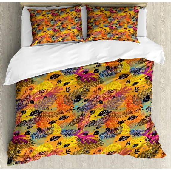 Autumn Duvet Cover Set, Colorful Various Plantation of Fall Season Drawings Drawn by Hand, Decorative 3 Piece Bedding Set with 2 Pillow Shams, King Size, Marigold and Multicolor, by Ambesonne