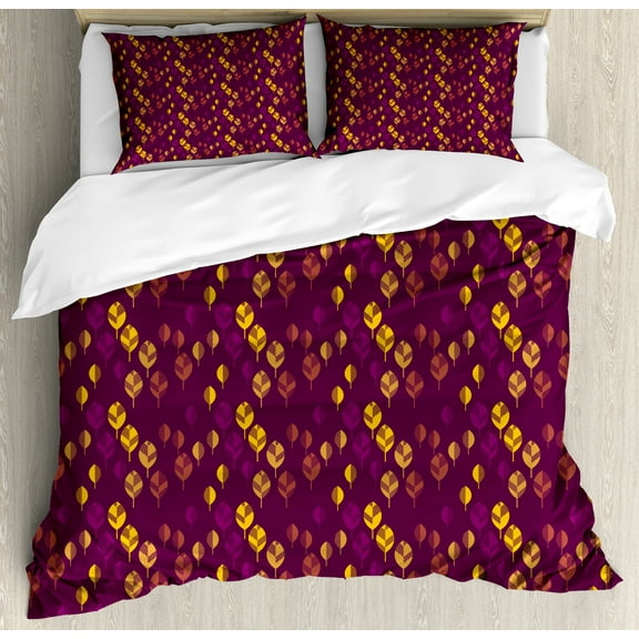 Autumn Duvet Cover Set, Composition of Nature Warm Tones Cozy Abstract Autumn Leaves Illustration, Decorative 3 Piece Bedding Set with 2 Pillow Shams, Calking Size, Plum and Earth Yellow, by Ambesonne