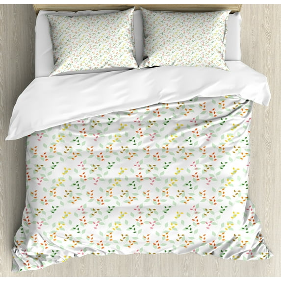 Autumn Duvet Cover Set, Depiction of Floral Foliage Leaves on Plain Background Illustration, Decorative 3 Piece Bedding Set with 2 Pillow Shams, Queen Size, Mint Green and Pastel Pink, by Ambesonne