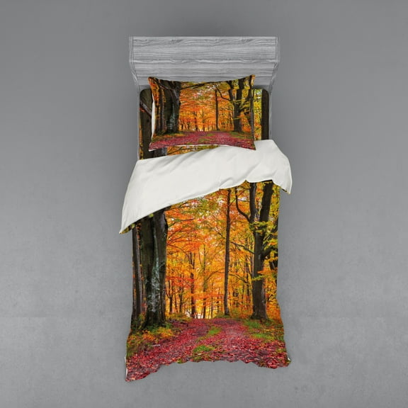 Autumn Duvet Cover Set, Fall Forest Shady Deciduous Trees and Faded Leaf Magic Woodland Picture, Bedding Set with Shams and Fitted Sheet, 3 Sizes, by Ambesonne