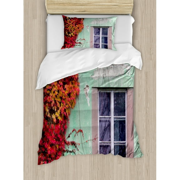 Autumn Duvet Cover Set, Fall Ivy on Old House Walls Left Countryside Mansion Vintage Architecture Design, Decorative 2 Piece Bedding Set with 1 Pillow Shams, Twin Size, Red Mint Green, by Ambesonne