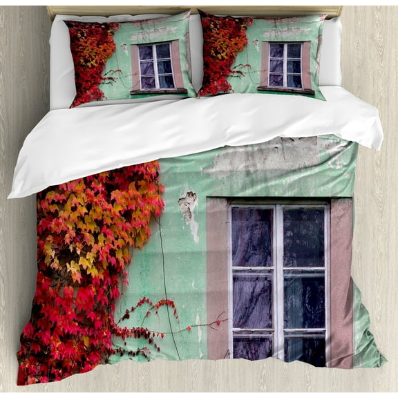 Autumn Duvet Cover Set, Fall Ivy on Old House Walls Left Countryside Mansion Vintage Architecture Design, Decorative 3 Piece Bedding Set with 2 Pillow Shams, Queen Size, Red Mint Green, by Ambesonne