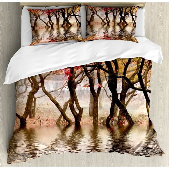 Autumn Duvet Cover Set, Fall Season River with Trees Colorful Pinkish Foliage Nature Photography, Decorative 3 Piece Bedding Set with 2 Pillow Shams, Calking Size, Brown and Magenta, by Ambesonne