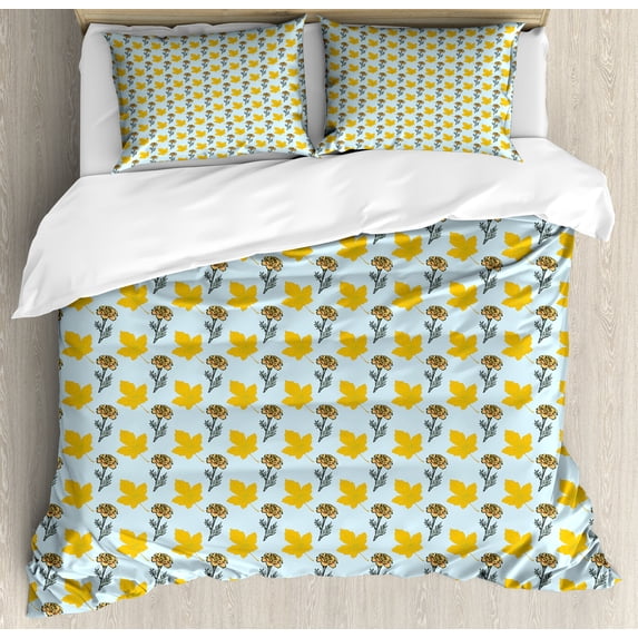 Autumn Duvet Cover Set, Flower Bouquets and Fall Maple Leaves Carnation Blossoms Flora Pattern, Decorative 3 Piece Bedding Set with 2 Pillow Shams, Queen Size, Pale Blue Earth Yellow, by Ambesonne