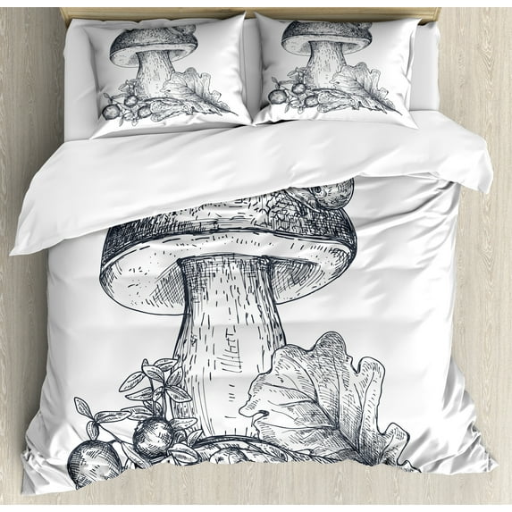 Autumn Duvet Cover Set, Hand Drawing Mushroom Oak Leaf Snail Fall Season Cranberry Forest Composition, Decorative 3 Piece Bedding Set with 2 Pillow Shams, King Size, Dark Blue Grey, by Ambesonne
