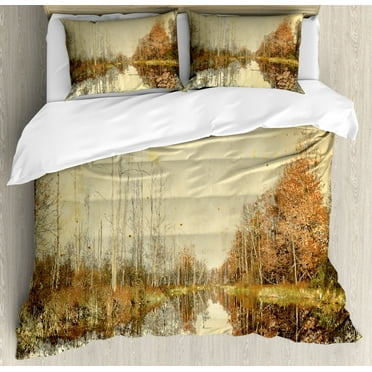 Autumn Duvet Cover Set King Size, Colorful Fallen Leaves at Fall Season Design Watercolor Style Trees in the Woodland, Decorative 3 Piece Bedding Set with 2 Pillow Shams, Multicolor, by Ambesonne