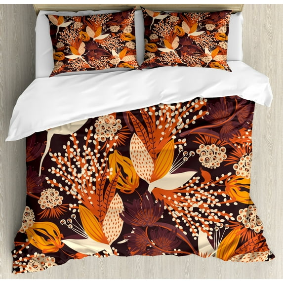 Autumn Duvet Cover Set King Size, Fall Season Bouquet Leaves Artistic Rust Toned Herbs Blooms Wedding Botanical Print, Decorative 3 Piece Bedding Set with 2 Pillow Shams, Multicolor, by Ambesonne