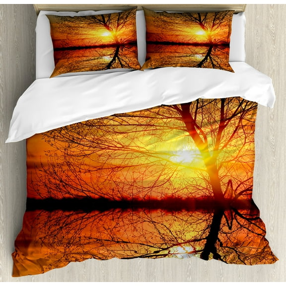 Autumn Duvet Cover Set, Leafless Tree in Fall on Sunset Backdrop Horizon with Water Reflection Panorama, Decorative 3 Piece Bedding Set with 2 Pillow Shams, Calking Size, Orange Black, by Ambesonne