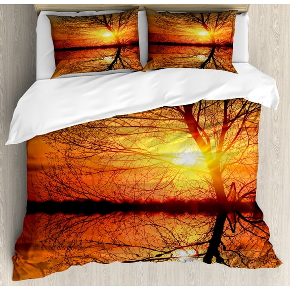 Autumn Duvet Cover Set, Leafless Tree in Fall on Sunset Backdrop Horizon with Water Reflection Panorama, Decorative 3 Piece Bedding Set with 2 Pillow Shams, King Size, Orange Black, by Ambesonne