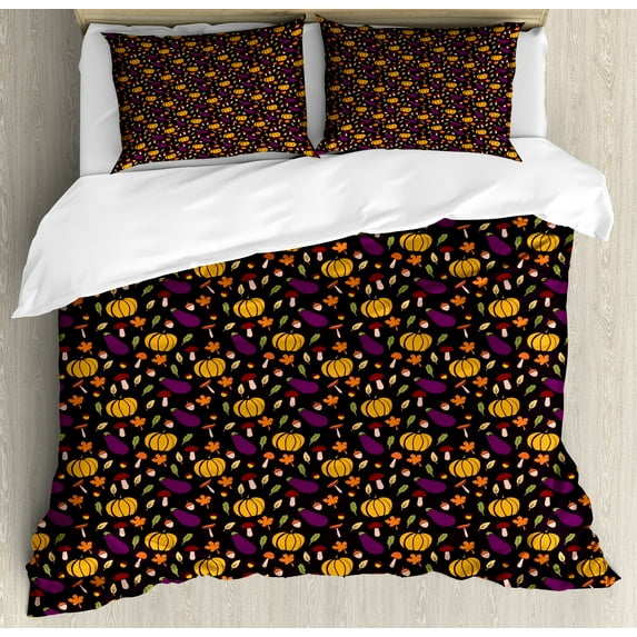 Autumn Duvet Cover Set, Pumpkin Acorn Mushroom Seasonal Vegetable Veggies Tree Leafs Composition, Decorative 3 Piece Bedding Set with 2 Pillow Shams, King Size, Dark Maroon Marigold, by Ambesonne