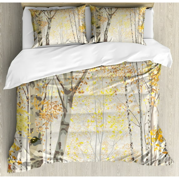 Autumn Duvet Cover Set Queen Size, Birch Growth in the Fall Season Cartoon Style Forest Tranquil Rustic Composition, Decorative 3 Piece Bedding Set with 2 Pillow Shams, Multicolor, by Ambesonne