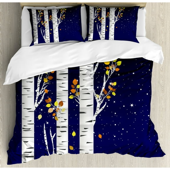 Autumn Duvet Cover Set Queen Size, Birch Trees with Colorful Fall Season Foliage Leaves on a Starry Night Sky Backdrop, Decorative 3 Piece Bedding Set with 2 Pillow Shams, Multicolor, by Ambesonne