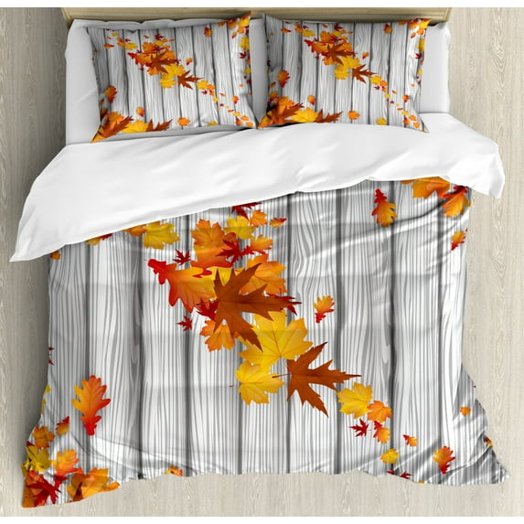 Autumn Duvet Cover Set Queen Size, Fall Maple Leafs Tree Diagonal Leaves Foliage Rustic Wooden Planks, Decorative 3 Piece Bedding Set with 2 Pillow Shams, Orange White and Pale Brown, by Ambesonne