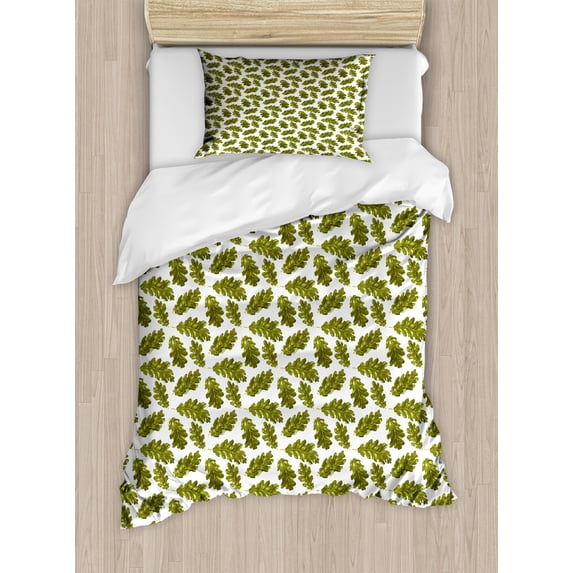 Autumn Duvet Cover Set, Repetitive Oak Leaves Fall Season Simplistic Pattern Along Realistic Colors, Decorative 2 Piece Bedding Set with 1 Pillow Shams, Twin Size, Fawn Green Brown, by Ambesonne