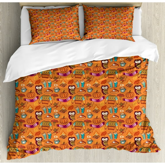 Autumn Duvet Cover Set, Seasonal Items Pumpkin Bonfire Owls Doodle Themed Fall Season Print, Decorative 3 Piece Bedding Set with 2 Pillow Shams, Calking Size, Burnt Sienna and Multicolor, by Ambesonne