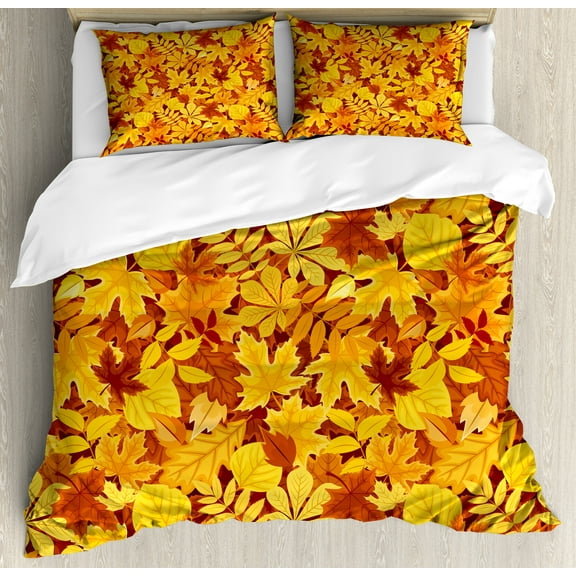 Autumn Duvet Cover Set, Shady Fall Oak Maple Tree Leaves on Faded Tones Seasonal Foliage Art, Decorative 3 Piece Bedding Set with 2 Pillow Shams, King Size, Earth Yellow Marigold, by Ambesonne