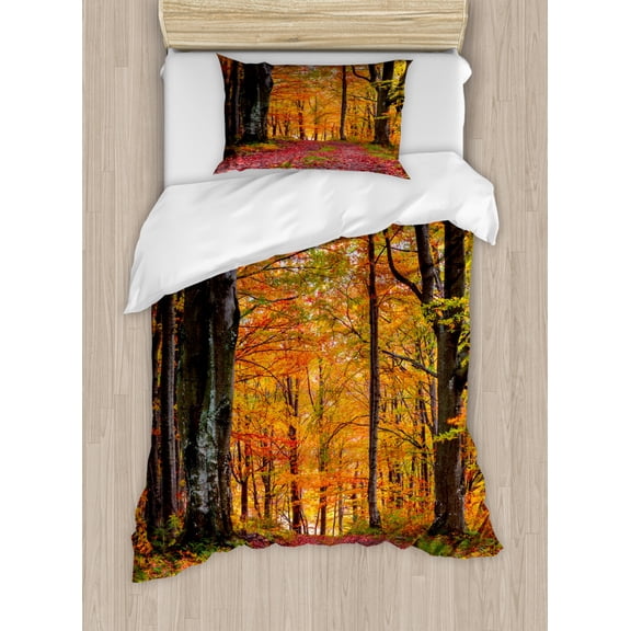 Autumn Duvet Cover Set Twin Size, Fall Forest with Shady Deciduous Trees and Faded Leaf Magic Woodland Picture, Decorative 2 Piece Bedding Set with 1 Pillow Sham, Apricot Brown Red, by Ambesonne