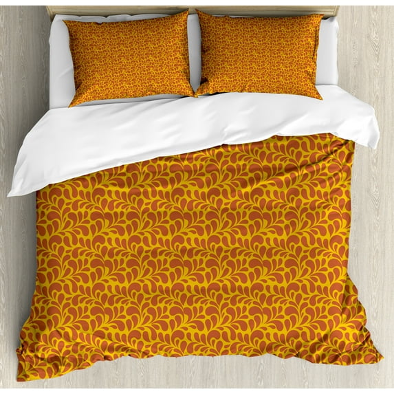 Autumn Duvet Cover Set, Vintage Continuous Pattern Plant Shaped Curved Leafy Motifs Illustration, Decorative 3 Piece Bedding Set with 2 Pillow Shams, Queen Size, Dark Yellow and Rust, by Ambesonne