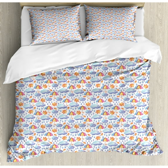 Autumn Duvet Cover Set, Watercolor Look Rain Umbrella Clouds Pastel Colorful Arrangement, Decorative 3 Piece Bedding Set with 2 Pillow Shams, Calking Size, Pale Sky Blue Pale Pink, by Ambesonne