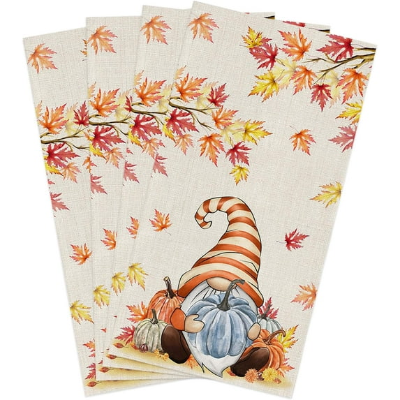 Autumn Dwarf Pumpkin Kitchen Towels Dish Towel,Thanksgiving Maple Leaves Absorbent Hand Towels Cleaning Dishcloth Tea Towels,Retro Linen Reusable Drying Dish Cloths Set of 4