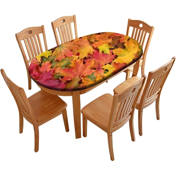 Autumn Elastic Edge Polyester Fitted Table Cover, Maple Leaves Waterproof Wipe Clean Table Cover, for Kitchen Dining Tabletop Decoration, Fits for 48" x 68" Oval Table
