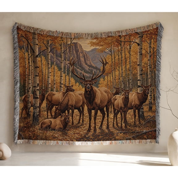 Autumn Elk Herd and Aspen Forest Brown and Gold Woven Throw Blanket, 100% Cotton, Fringed Edges, Sofa Accent