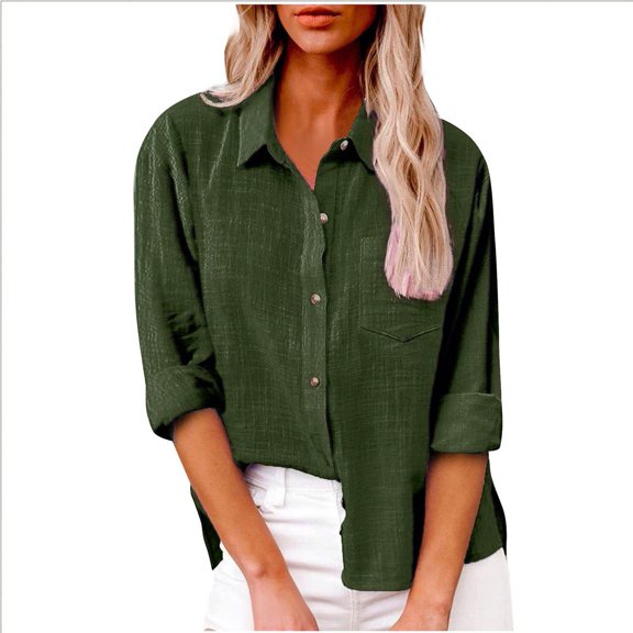Autumn Essential Long Sleeve Button-Up Shirt, Relaxed Fit Casual Blouse with Breathable Fabric & Roll-Up Sleeve Design for Layering,Army Green S