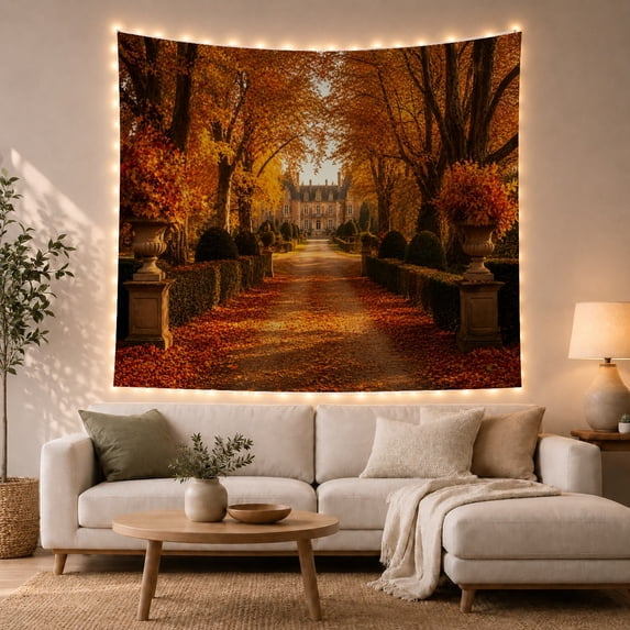 Autumn Estate Gravel Path with Fallen Leaves, Romantic Painterly Landscape for Nature Lovers, Vintage Home Decor, Housewarming Gift Tapestry Wall Hanging for Bedroom, Living Room and Dorm