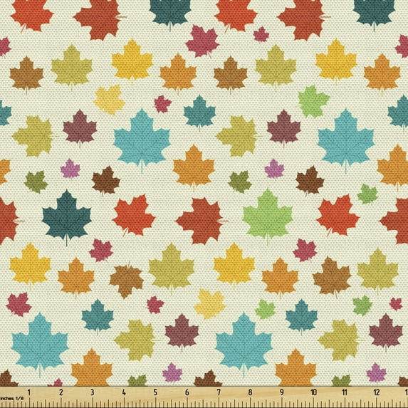 Ambesonne Autumn Fabric by the Yard Upholstery, Colorful Maple Leaves Retro, 1 Yard, Cream and Multicolor