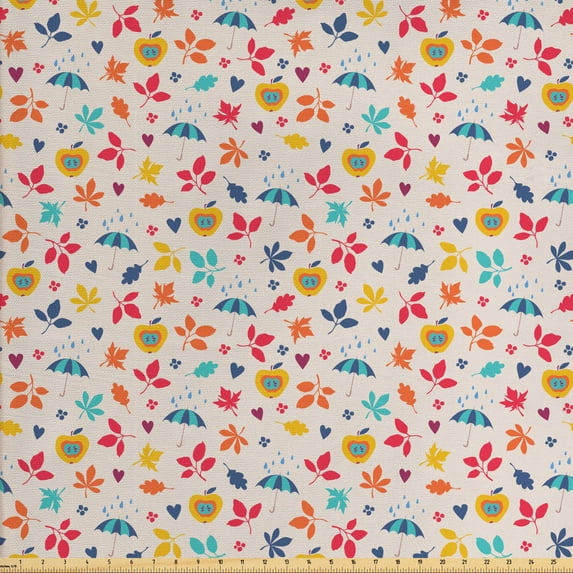 Ambesonne Autumn Fabric by the Yard Upholstery, Apples Leaves Umbrella Rain, 2 Yards, Pearl and Multicolor
