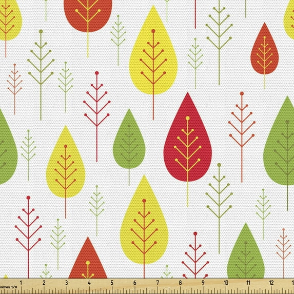 Autumn Fabric by the Yard, Minimalist Abstract Leaves Continuous Floral Plain Background Print, Decorative Upholstery Fabric for Sofas and Home Accents, Lime Green and Dark Coral by Ambesonne