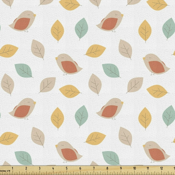 Autumn Fabric by the Yard, Pastel Fall Season Leaves and Little Birds, Upholstery Fabric for Dining Chairs Home Decor Accents, White Multicolor by Ambesonne
