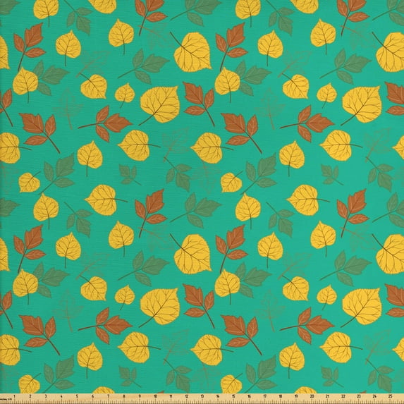Ambesonne Autumn Fabric by the Yard Upholstery, Seasonal Fall of the Leaf, 5 Yards, Sea Green and Mustard