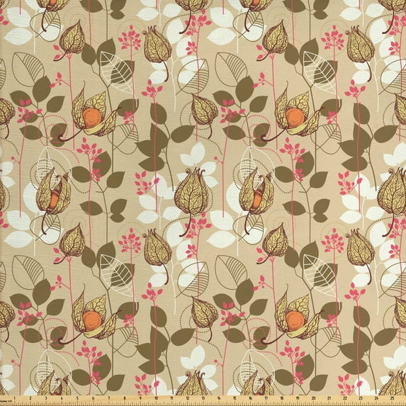 Ambesonne Autumn Fabric by the Yard Upholstery, Seasonal Fruits and Leafs, 5 Yards, Sepia Multicolor