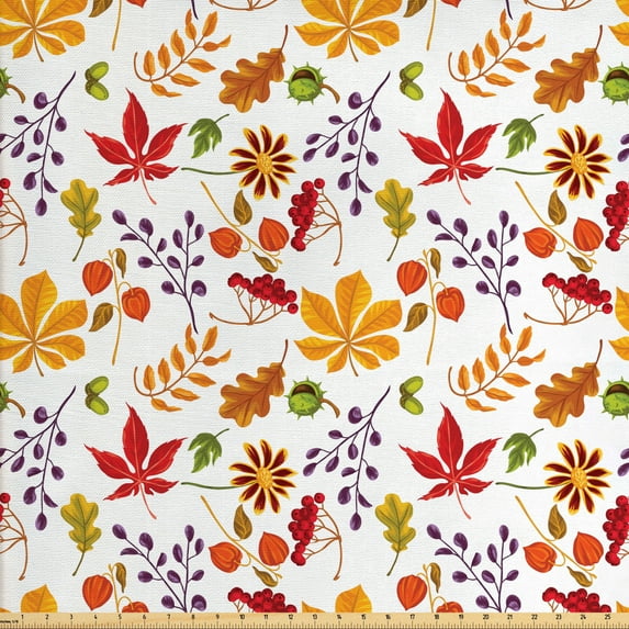 Autumn Fabric by the Yard, Seasonal Leaves Mixed Floral Illustration Plain Background Print, Decorative Upholstery Fabric for Sofas and Home Accents, Vermilion and Burnt Orange by Ambesonne