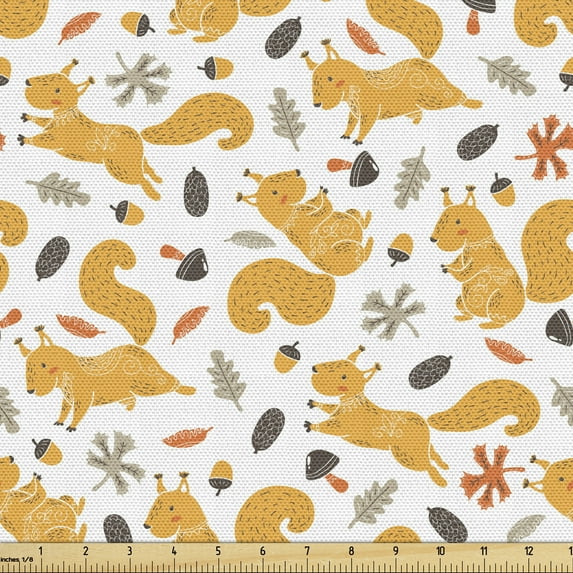 Ambesonne Autumn Fabric by the Yard Upholstery, Squirrel Mushroom Acorn, 1 Yard, Orange Pale Orange Taupe