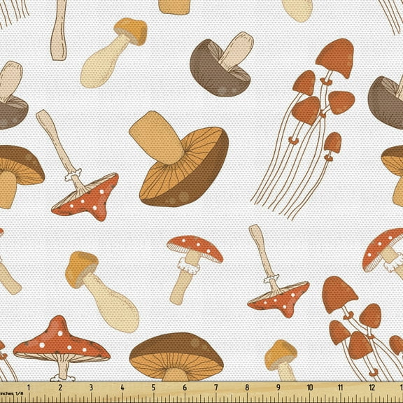 Ambesonne Autumn Fabric by the Yard Upholstery, Colorful Mushroom Fall Art, 1 Yard, Warm Taupe Brown and Coral
