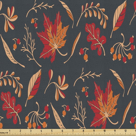 Ambesonne Autumn Fabric by the Yard Upholstery, Maple Leaves Drawing Art, 1 Yard, Vermilion Dark Taupe