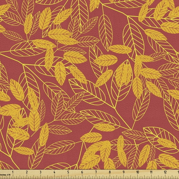 Ambesonne Autumn Fabric by the Yard Upholstery, Detailed Fall Leaves Pattern, 10 Yards, Pale Maroon Earth Yellow